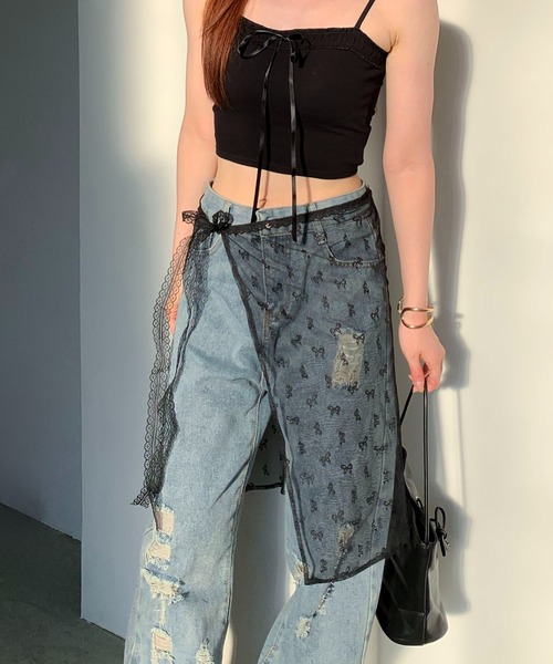 Teem Store（チームストア）の「柄レース レーヤード ラップスカート（スカート・レディース・ホワイト系その他/ブラック/ホワイト・F）」の3枚目の写真