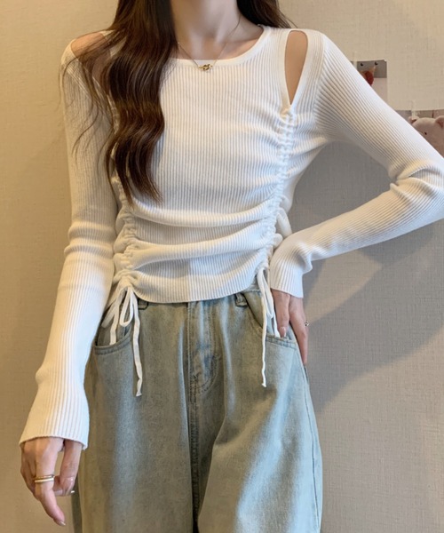 Per sist ence(パーシエンス)の「ショルダースリットギャザーリブ長袖トップス(Tシャツ/カットソー・レディース・ホワイト/グレー/アイボリー/ブラック・FREE)」の19枚目の写真