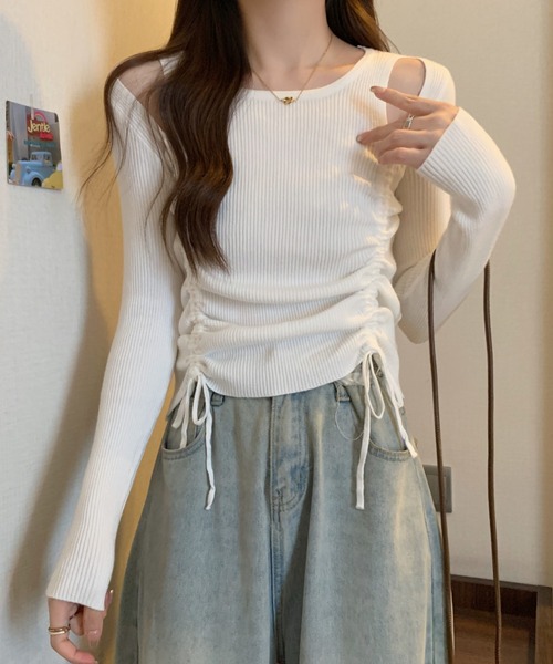 Per sist ence(パーシエンス)の「ショルダースリットギャザーリブ長袖トップス(Tシャツ/カットソー・レディース・ホワイト/グレー/アイボリー/ブラック・FREE)」の22枚目の写真