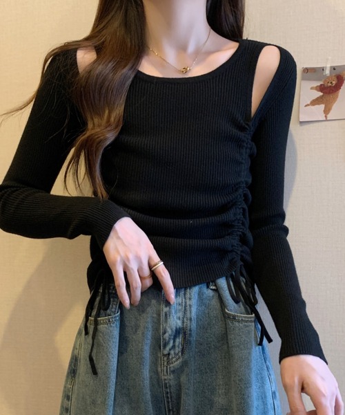 Per sist ence(パーシエンス)の「ショルダースリットギャザーリブ長袖トップス(Tシャツ/カットソー・レディース・ホワイト/グレー/アイボリー/ブラック・FREE)」の6枚目の写真