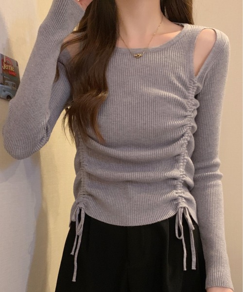 Per sist ence(パーシエンス)の「ショルダースリットギャザーリブ長袖トップス(Tシャツ/カットソー・レディース・ホワイト/グレー/アイボリー/ブラック・FREE)」の8枚目の写真