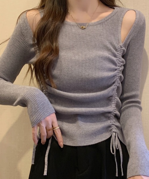Per sist ence(パーシエンス)の「ショルダースリットギャザーリブ長袖トップス(Tシャツ/カットソー・レディース・ホワイト/グレー/アイボリー/ブラック・FREE)」の10枚目の写真