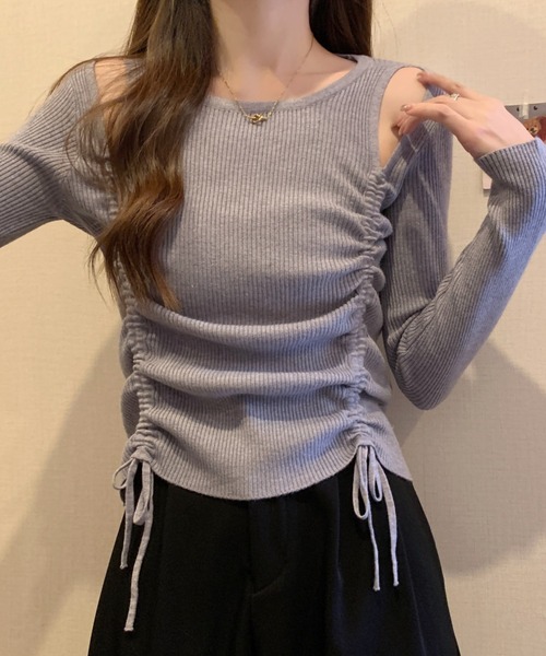 Per sist ence(パーシエンス)の「ショルダースリットギャザーリブ長袖トップス(Tシャツ/カットソー・レディース・ホワイト/グレー/アイボリー/ブラック・FREE)」の12枚目の写真