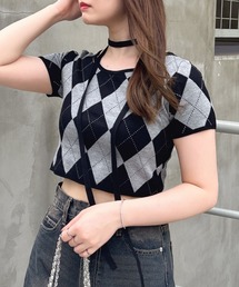 チョーカー付アーガイル柄ニット