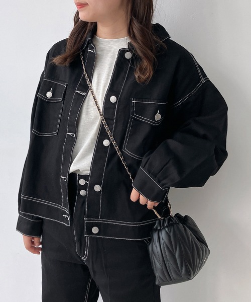 AS KNOW AS plus（アズノゥアズプラス）の「◇ダブルポケットカジュっとジャケット　セットアップ可能（デニムジャケット・レディース・ブラック系/ブラック/アイボリー/ピンク/ケミカルウォッシュ/ブルー系/ネイビー系/ブラック系1/サックスブルー系・FREE）」の3枚目の写真