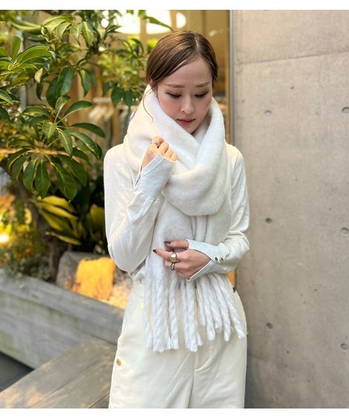ホワイト マフラー 30×180cm パッケージ入り 洗える】ファー付きムースタッチマフラー 30×180cm