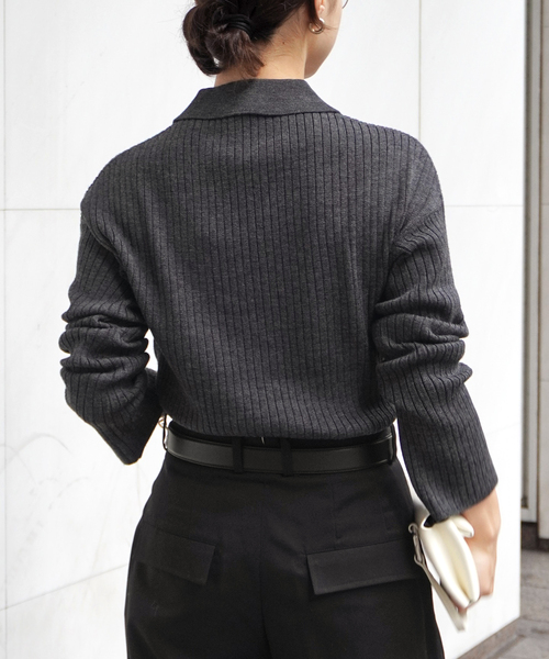 AP STUDIO（エーピーストゥディオ）の「リブポロシャツニット（ニット/セーター・レディース・グレー/ブラック・FREE）」の5枚目の写真