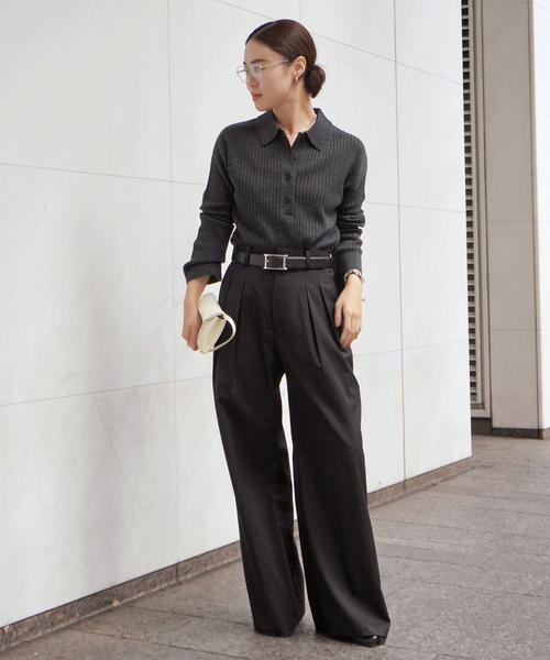 AP STUDIO（エーピーストゥディオ）の「リブポロシャツニット（ニット/セーター・レディース・グレー/ブラック・FREE）」の6枚目の写真