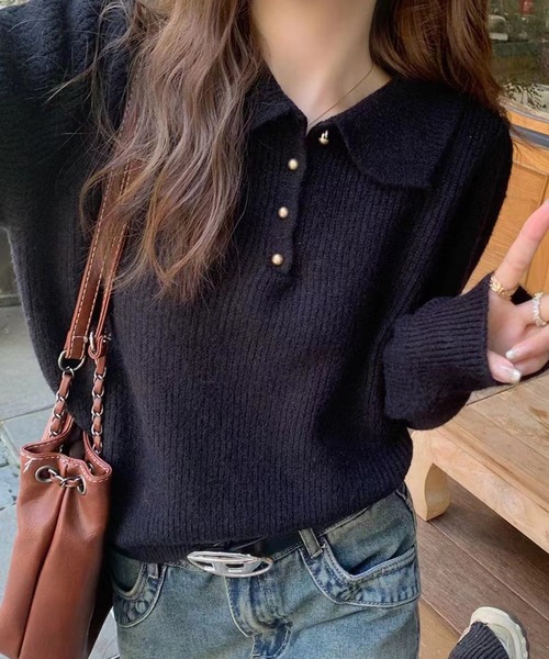 STONE  ウールニット ポロセーター 長袖 ワッペン付　ブラック STONE ISLAND ウールニット ポロセーター 長袖 ワッペン付