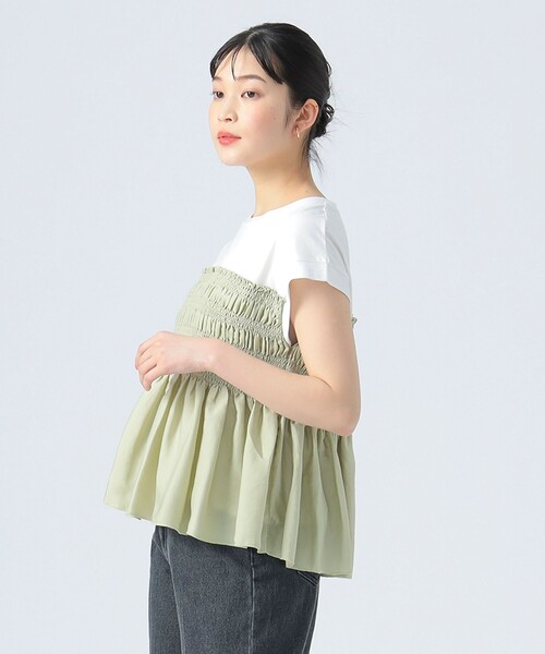 BEAMS HEART(ビームスハート)の「異素材シャーリング フレンチ プルオーバー(Tシャツ/カットソー・レディース・チャコールグレー/オフホワイト/ケリーグリーン・FREE)」の3枚目の写真