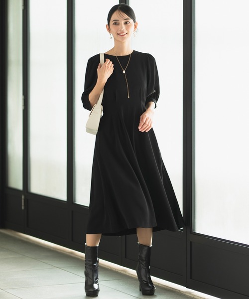 ブラックワンピースしほちん様 洗える/セット対応/オフィスカジュアル】五分袖タックワンピース 単品