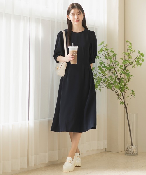 洗える/セット対応/オフィスカジュアル】五分袖タックワンピース 単品