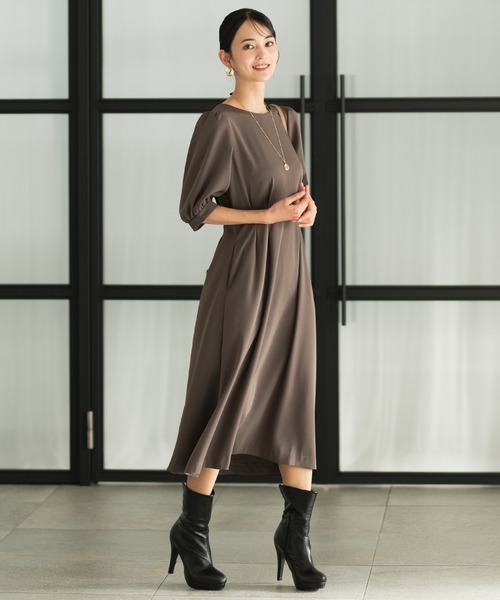 洗える/セット対応/オフィスカジュアル】五分袖タックワンピース 単品