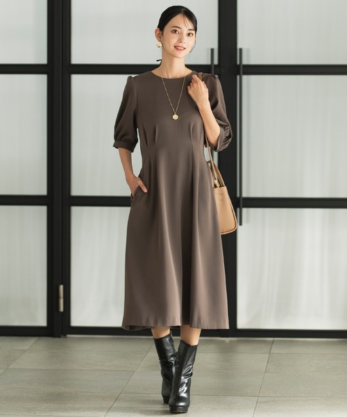 CELEN（セレン）の「【洗える/セット対応/オフィスカジュアル】五分袖タックワンピース 単品（スーツスカート・レディース・ブラック/グレー系その他/ブラウン/ネイビー・S/M/L/ST/MT/LT）」の21枚目の写真