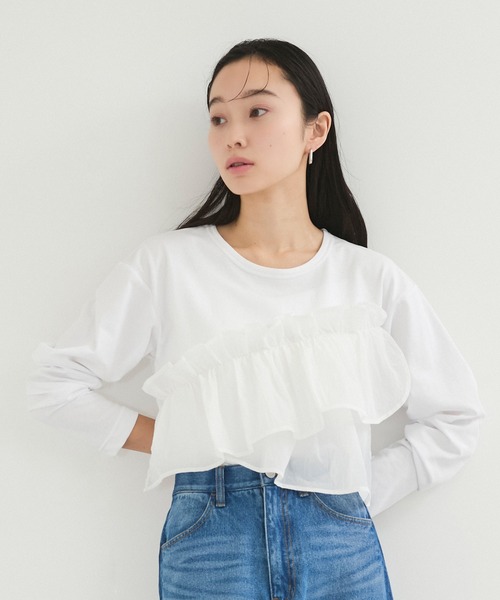 le cercle ADAM ET ROPE'(ルセルクルアダムエロペ)の「シアーフリルアシメコンビプル(Tシャツ/カットソー・レディース・クリーム/ブラック/ホワイト・FREE)」の2枚目の写真