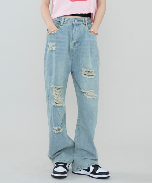 ダメージ加工 ヴィンテージワイドデニムパンツ（デニムパンツ