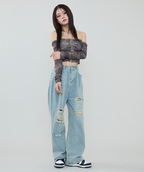 ダメージ加工 ヴィンテージワイドデニムパンツ（デニムパンツ