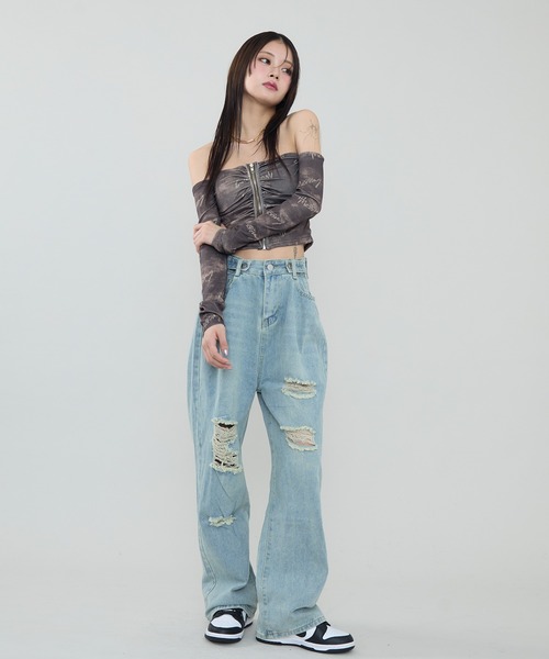 セール】ダメージ加工 ヴィンテージワイドデニムパンツ（デニム