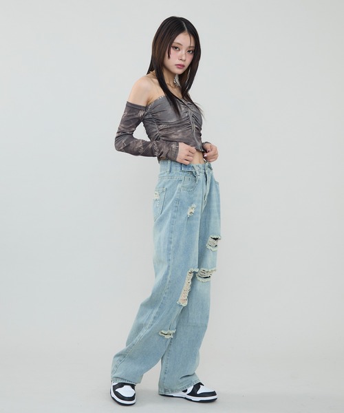 セール】ダメージ加工 ヴィンテージワイドデニムパンツ（デニム