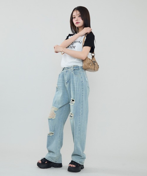 デニムパンツ パンツ ダメージ加工 ワイド ユニセックス S~L セール】ダメージ加工 ヴィンテージワイドデニムパンツ(デニム