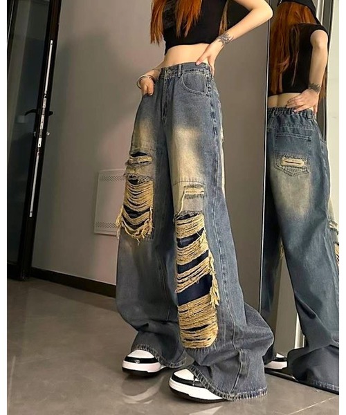 オシャレ アシンメトリー ルーズ デニムパンツ セール】アシンメトリーダメージルーズデニムパンツ（デニム