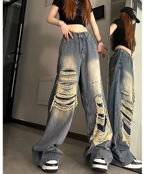 FUNdaysion（ファンデイション）の「アシンメトリーダメージルーズデニムパンツ（デニムパンツ・レディース・ブルー/ブラック・S/M/L）」の22枚目の写真