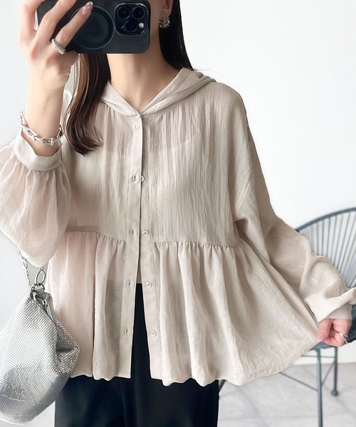 セール】抜け感シアーで軽やかに。フード付きバルーンシルエットの長袖