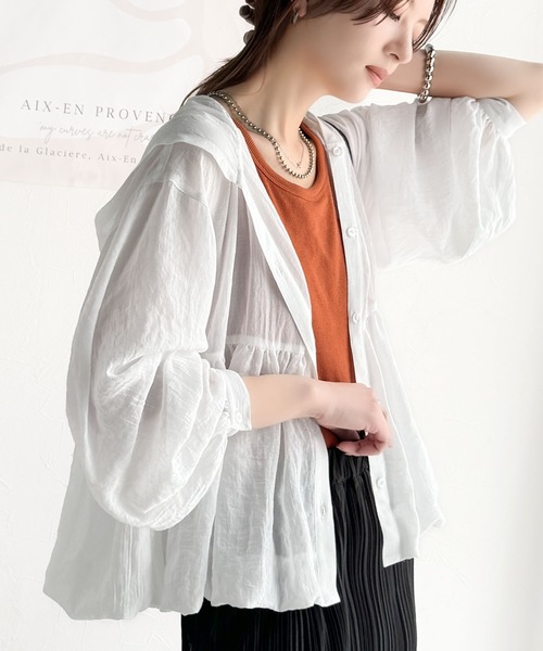 セール】抜け感シアーで軽やかに。フード付きバルーンシルエットの長袖