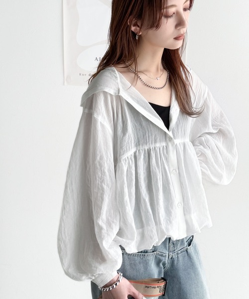 セール】抜け感シアーで軽やかに。フード付きバルーンシルエットの長袖