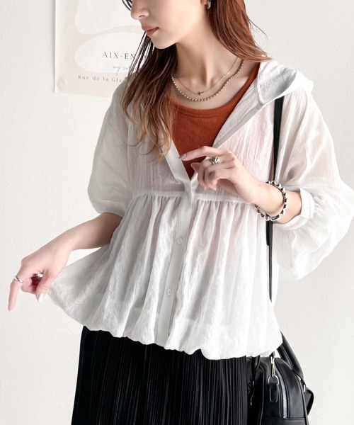 セール】抜け感シアーで軽やかに。フード付きバルーンシルエットの長袖