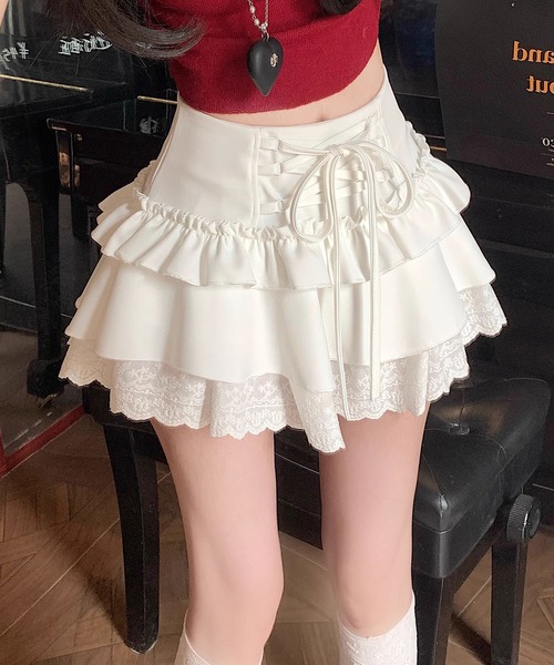 HOOK(フック)の「【HOOK】for girls レース切替フリルティアードミニスカート(スカート・レディース・グレー/ホワイト/ブラック/ホワイト系その他/ブラック系その他/グレー系その他・SMALL/MEDIUM/LARGE)」の2枚目の写真