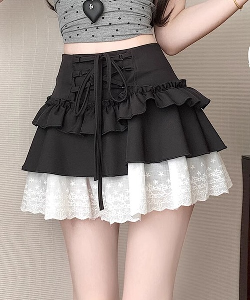 HOOK(フック)の「【HOOK】for girls レース切替フリルティアードミニスカート(スカート・レディース・グレー/ホワイト/ブラック/ホワイト系その他/ブラック系その他/グレー系その他・SMALL/MEDIUM/LARGE)」の4枚目の写真