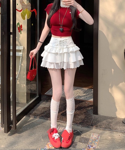 HOOK(フック)の「【HOOK】for girls レース切替フリルティアードミニスカート(スカート・レディース・グレー/ホワイト/ブラック/ホワイト系その他/ブラック系その他/グレー系その他・SMALL/MEDIUM/LARGE)」の8枚目の写真