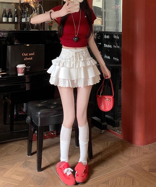 HOOK(フック)の「【HOOK】for girls レース切替フリルティアードミニスカート(スカート・レディース・グレー/ホワイト/ブラック/ホワイト系その他/ブラック系その他/グレー系その他・SMALL/MEDIUM/LARGE)」の9枚目の写真