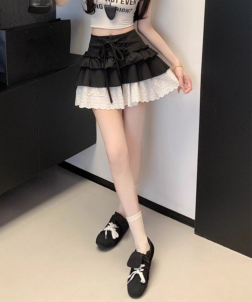 HOOK(フック)の「【HOOK】for girls レース切替フリルティアードミニスカート(スカート・レディース・グレー/ホワイト/ブラック/ホワイト系その他/ブラック系その他/グレー系その他・SMALL/MEDIUM/LARGE)」の22枚目の写真