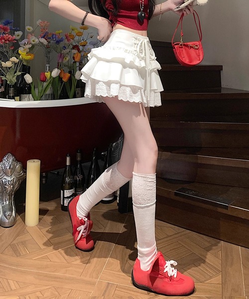 HOOK(フック)の「【HOOK】for girls レース切替フリルティアードミニスカート(スカート・レディース・グレー/ホワイト/ブラック/ホワイト系その他/ブラック系その他/グレー系その他・SMALL/MEDIUM/LARGE)」の12枚目の写真