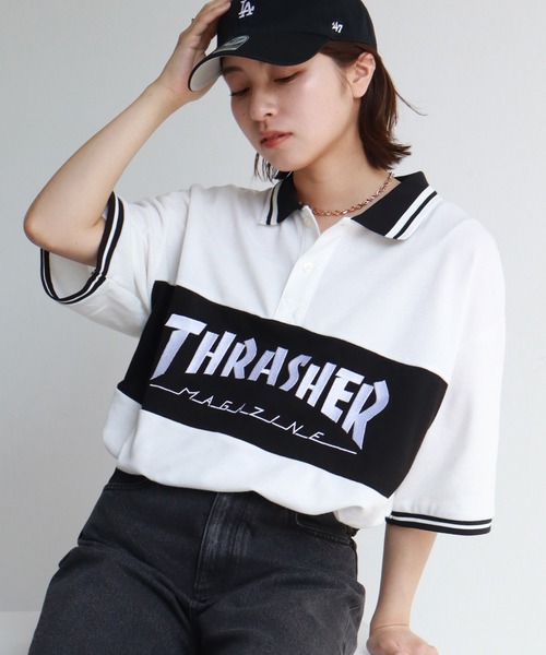 THRASHER(スラッシャー)の「【THRASHER/スラッシャー】ロゴ刺繍ライン半袖ポロTシャツ(ポロシャツ・メンズ・ネイビー/ブラック/ホワイト・M/L/XL)」の2枚目の写真