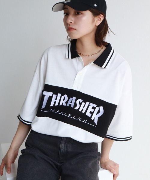 THRASHER(スラッシャー)の「【THRASHER/スラッシャー】ロゴ刺繍ライン半袖ポロTシャツ(ポロシャツ・メンズ・ネイビー/ブラック/ホワイト・M/L/XL)」の4枚目の写真