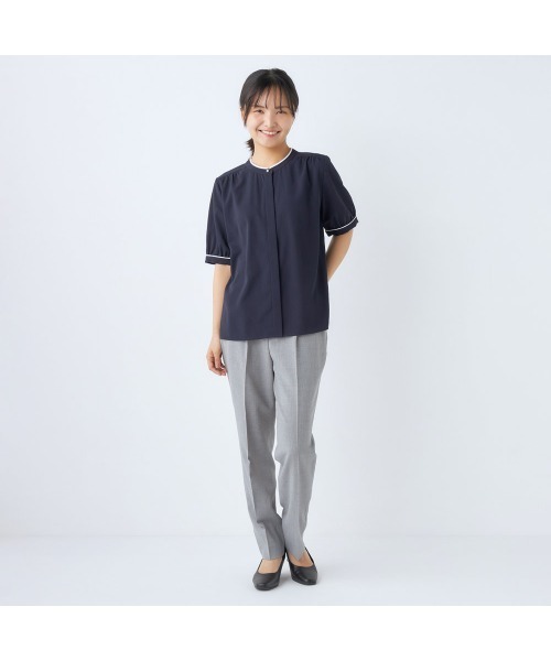 ブラウス シャツ 「洗える5分袖ブラウス」配色切り替えバンドカラープルオーバー レディース SUIT SELECT ブラウス シャツ 「洗える5分袖ブラウス」配色