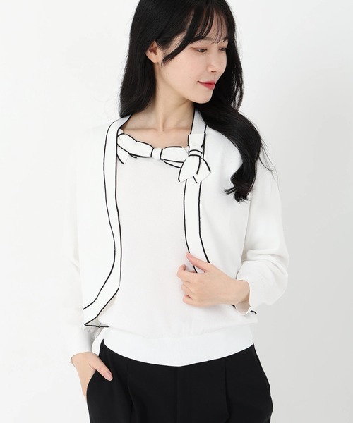 UNIVERVAL MUSE（ユニバーバル ミューズ）の「バイカラーリボンボレロ（カーディガン/ボレロ・レディース・ブラック/オフホワイト・2）」の2枚目の写真