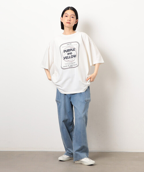 Purple&Yellow(パープルアンドイエロー)の「フロスト加工ツアー風プリント半袖Tシャツ(Tシャツ/カットソー・メンズ・ホワイト/グレイッシュベージュ/ラベンダー/オレンジ/ブラック・LARGE/MEDIUM/SMALL)」の9枚目の写真
