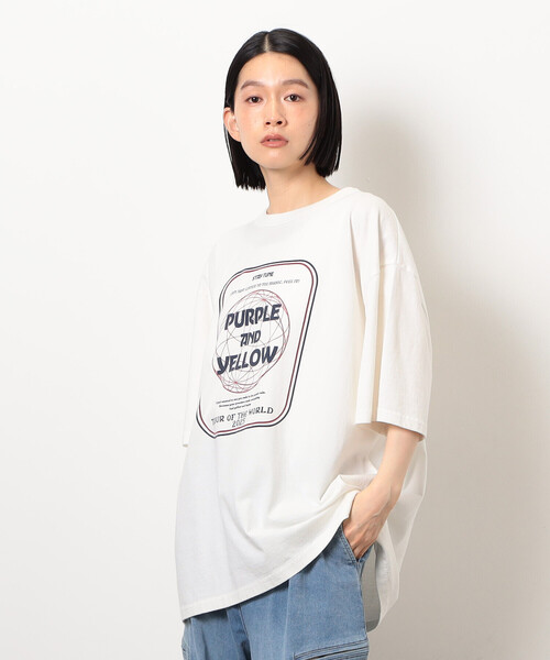 Purple&Yellow(パープルアンドイエロー)の「フロスト加工ツアー風プリント半袖Tシャツ(Tシャツ/カットソー・メンズ・ホワイト/グレイッシュベージュ/ラベンダー/オレンジ/ブラック・LARGE/MEDIUM/SMALL)」の13枚目の写真