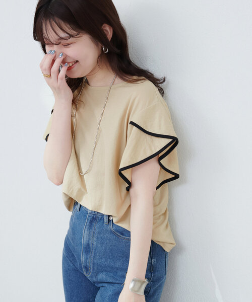 natural couture（ナチュラルクチュール）の「接触冷感配色ラッフルスリーブプルオーバー（Tシャツ/カットソー・レディース・オフホワイト/グレイッシュベージュ/ブラック/ミント/モカ・FREE）」の4枚目の写真