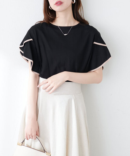 natural couture（ナチュラルクチュール）の「接触冷感配色ラッフルスリーブプルオーバー（Tシャツ/カットソー・レディース・オフホワイト/グレイッシュベージュ/ブラック/ミント/モカ・FREE）」の12枚目の写真