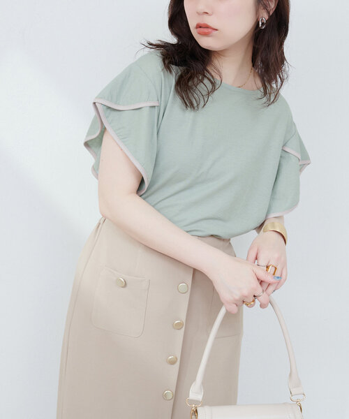 natural couture（ナチュラルクチュール）の「接触冷感配色ラッフルスリーブプルオーバー（Tシャツ/カットソー・レディース・オフホワイト/グレイッシュベージュ/ブラック/ミント/モカ・FREE）」の22枚目の写真