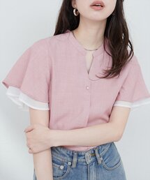 袖口シアーパール釦スキッパーブラウス
