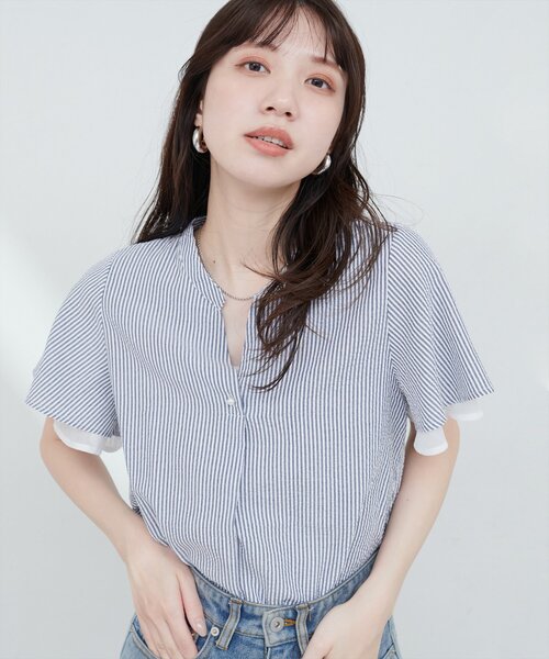 natural couture(ナチュラルクチュール)の「袖口シアーパール釦スキッパーブラウス(シャツ/ブラウス・レディース・ピンク/ミント/その他1/オフホワイト/その他2・FREE)」の8枚目の写真