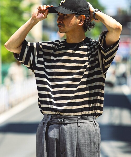 JOURNAL STANDARD relume(ジャーナルスタンダード レリューム)の「HARDIN KNITWEAR 別注 天竺 ボーダー Tシャツ(Tシャツ/カットソー・メンズ・サックスブルー/ブラック/オレンジ/ブルー系その他/ネイビー・LARGE/MEDIUM)」の2枚目の写真