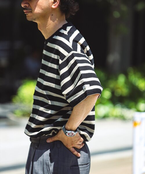 JOURNAL STANDARD relume(ジャーナルスタンダード レリューム)の「HARDIN KNITWEAR 別注 天竺 ボーダー Tシャツ(Tシャツ/カットソー・メンズ・サックスブルー/ブラック/オレンジ/ブルー系その他/ネイビー・LARGE/MEDIUM)」の6枚目の写真