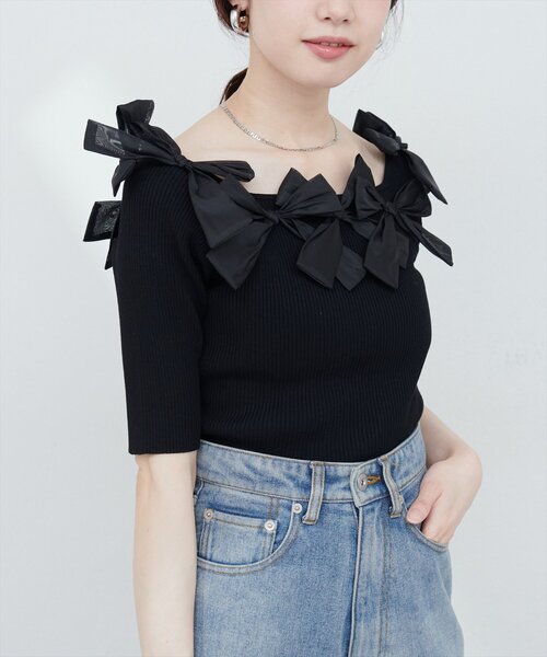 natural couture(ナチュラルクチュール)の「リボン×リボンリブニット(ニット/セーター・レディース・オフホワイト/ネイビー/ブラック・FREE)」の10枚目の写真
